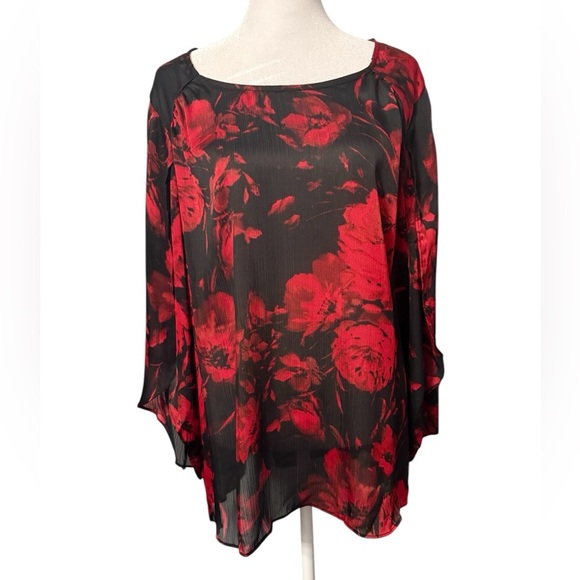 AB Studio Women’s red & black sheer floral print top Size XL EUC - Picture 1 of 10